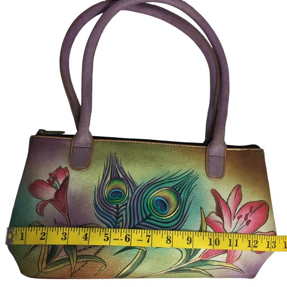 Anuschka  NEVER USED Handpainted Leather Shoulder Bag Floral Peacock - Picture 3 of 10